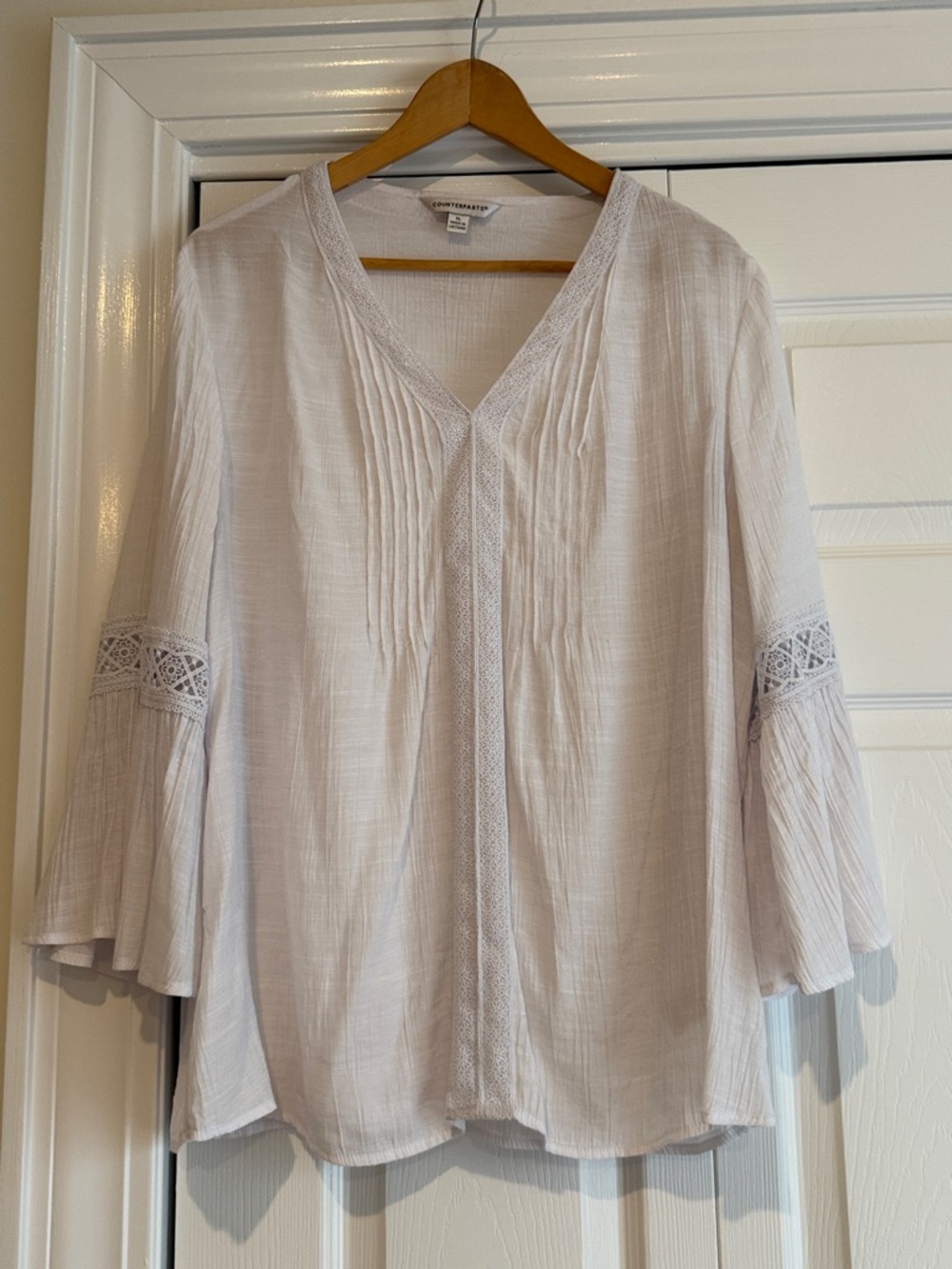 Counterparts Light Cream Pintuck V-Neck Tunic with Lace Trim